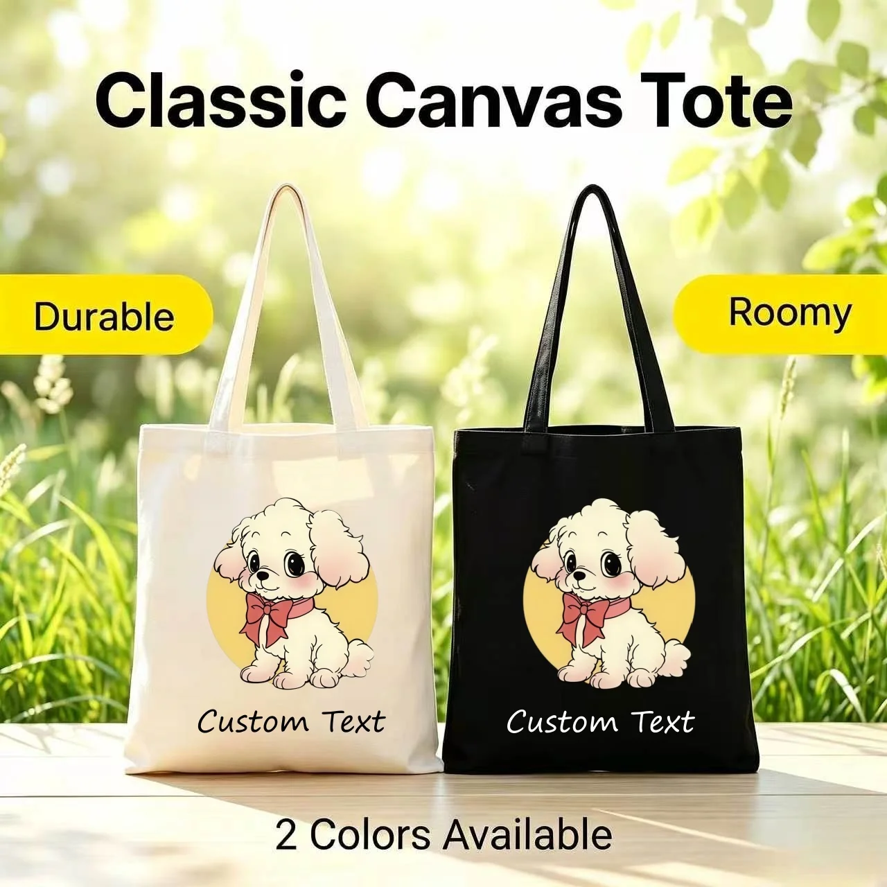 1PC Custom Text Canvas Tote Bag Cute Cartoon Poodle Puppy With Bow Print Reusable Shoulder Shopping Bag Personalized Gift