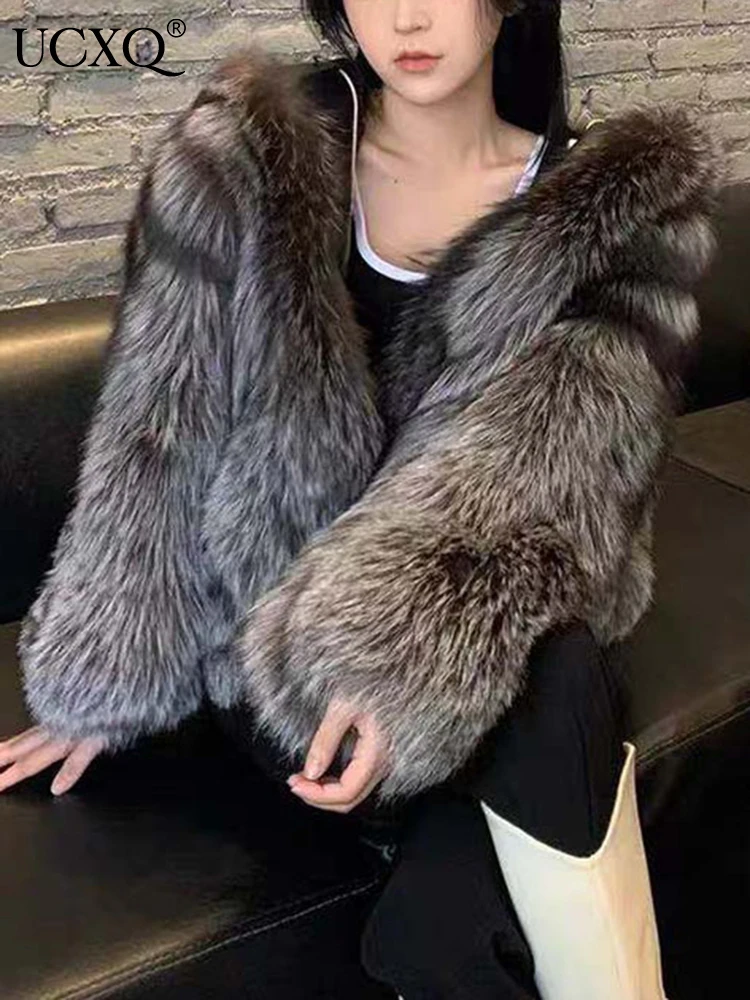 UCXQ Temperament Hooded Long Sleeve Warm Faux Fur Coats For Women Casual Zipper Lady Thick Jacket 2024 Autumn Winter New 23A4176