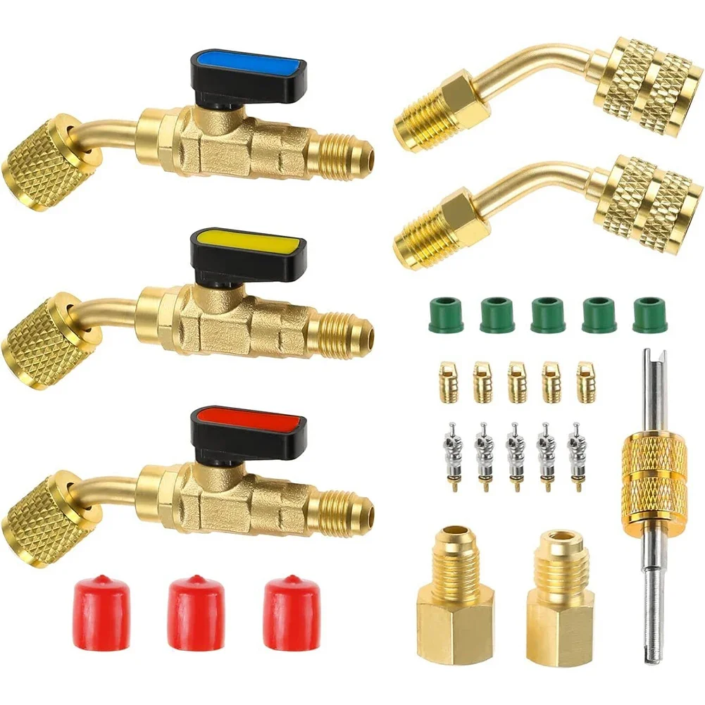 Ar Condicionado angular Ball Valve Adapter, encaixe para R410A, R134A, R22 AC, HVAC, HVAC, Gauges Tool, 1/4 "macho para 5/16" fêmea