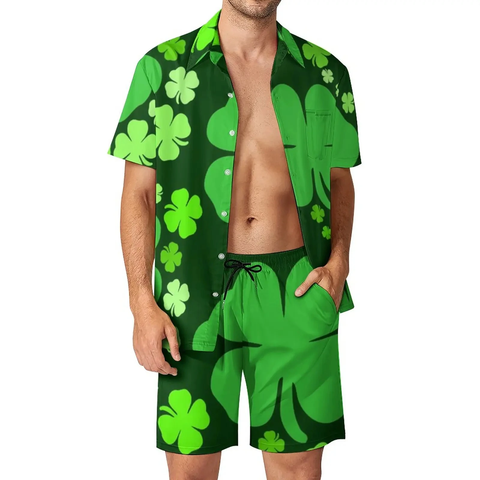 St Paddys Day Green Shamrock Shirt Sets 3D Print Men Casual Fashion Short Sleeves Shirts Oversized Hawaiian Beach Suits Clothing