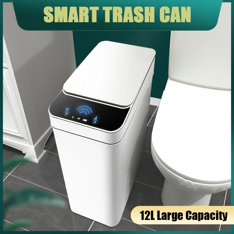 12L Intelligent Induction Slotted Trash Can Large Capacity White Garbage Bin Home Cleaning Accessories For Bathroom Kitchen Tool