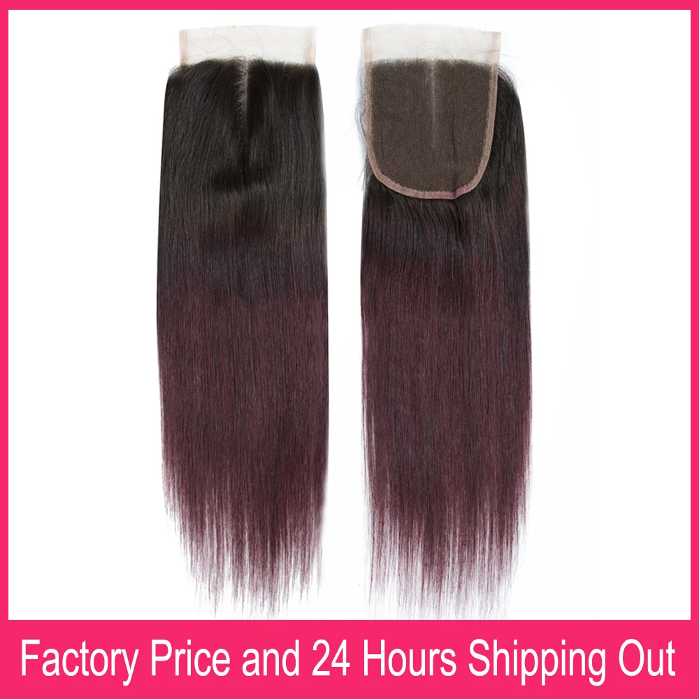 1B 99J Straight Bundles With 4x4 Lace Closure 100% Human Hair Ombre Burgundy Colored Hair Bundles With Transparent Lace Closures