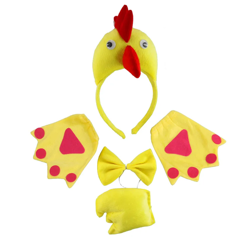 

Party Yellow Chicken Cock Rooster Headband Bow Tie Tail Paws Gloves Animal Hair Bands Plush Halloween Costume Cosplay