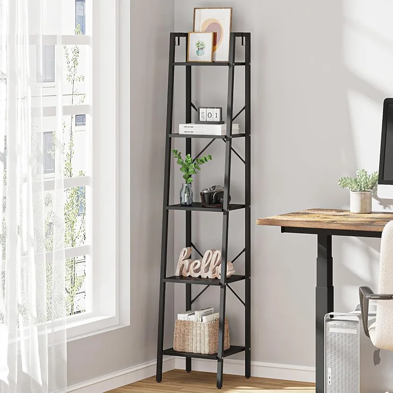 

Ladder Shelf, Bookshelf Bookcase, Freestanding Corner Storage Shelve with 2 Hooks for Home Office, Living Room, Kitchen, Bedroom