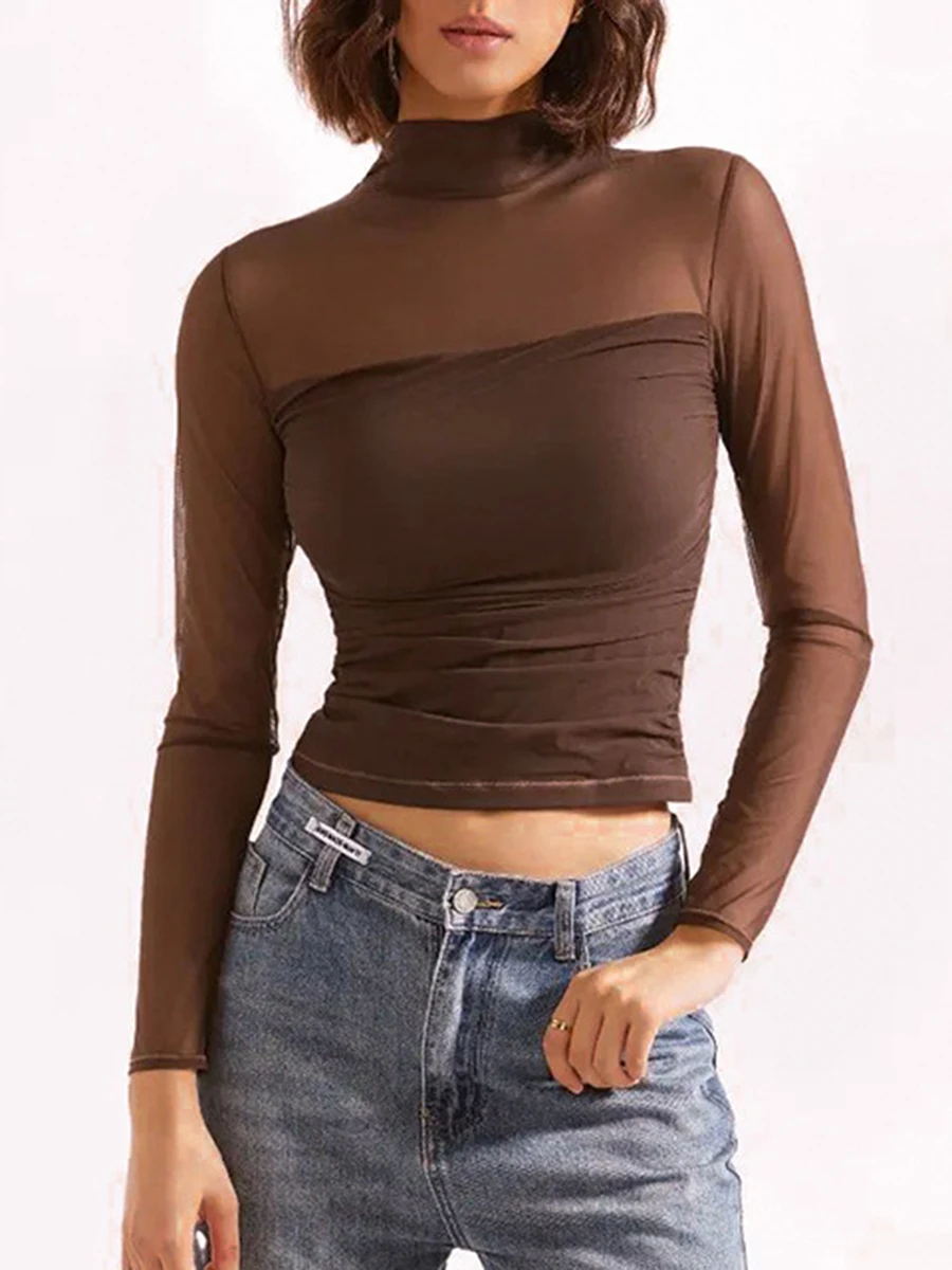 Women's Fall Crop Tops Stylish Solid Slim Fit Mesh See Through Turtle Neck Long Sleeve T-Shirts Female Basic Bottom Shirt Daily