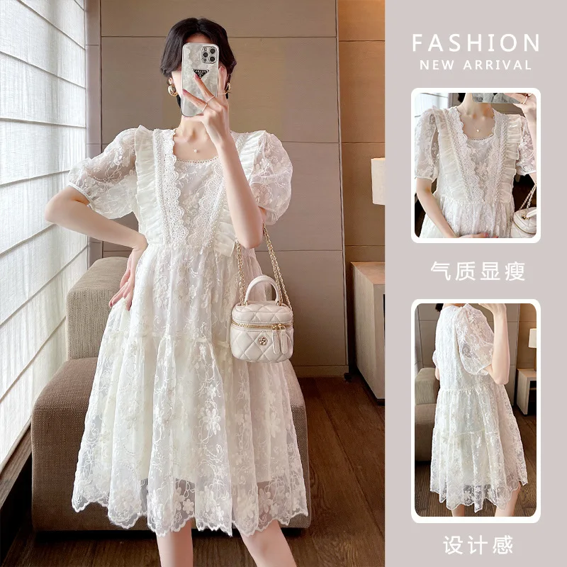 

2024 Autumn Maternity Lace Dress Plus Size Pregnant Women Dress Sweet Three Quarter Sleeve V-Neck Loose Pregnancy Empire Dress