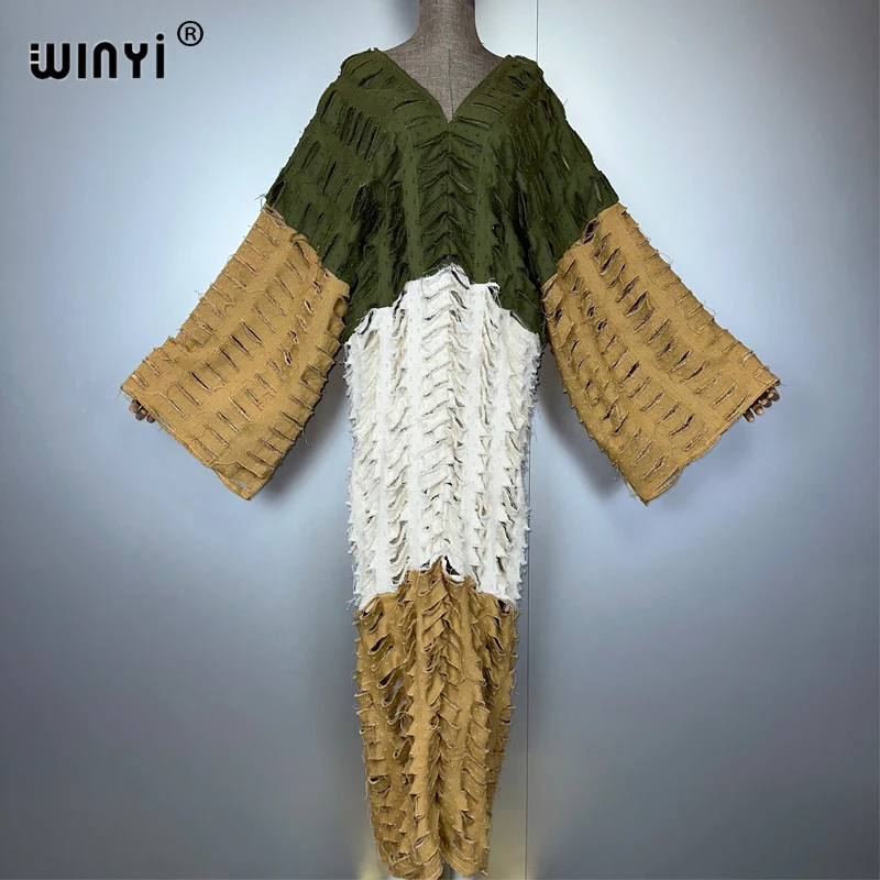 WINYI Original Colour matching hole denim dress Fashion Africa Womens party kaftan holiday abaya Casual V-neck Maxi beach dress