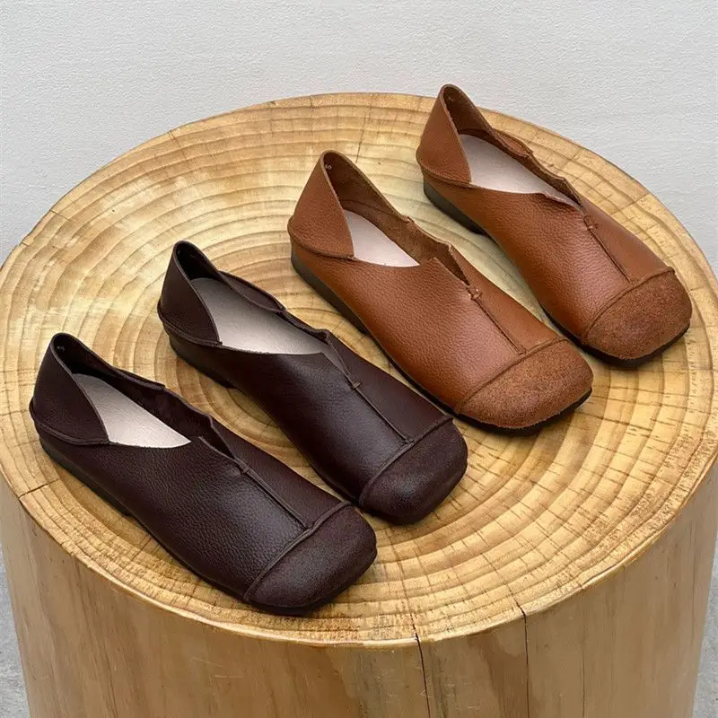 Brown Leather Pure Handmade Shoes  The Retro Art  Girl Shoes Women's Casual Flats Shoes Two Way To Wear