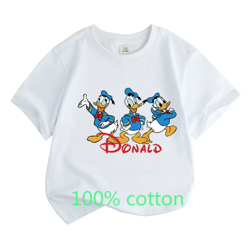 Donald Duck Summer Children Clothes 100% Cotton T-shirt Kids Girls Boys Top Cartoon Toddler Round Neck Short-sleeved 2-15Y