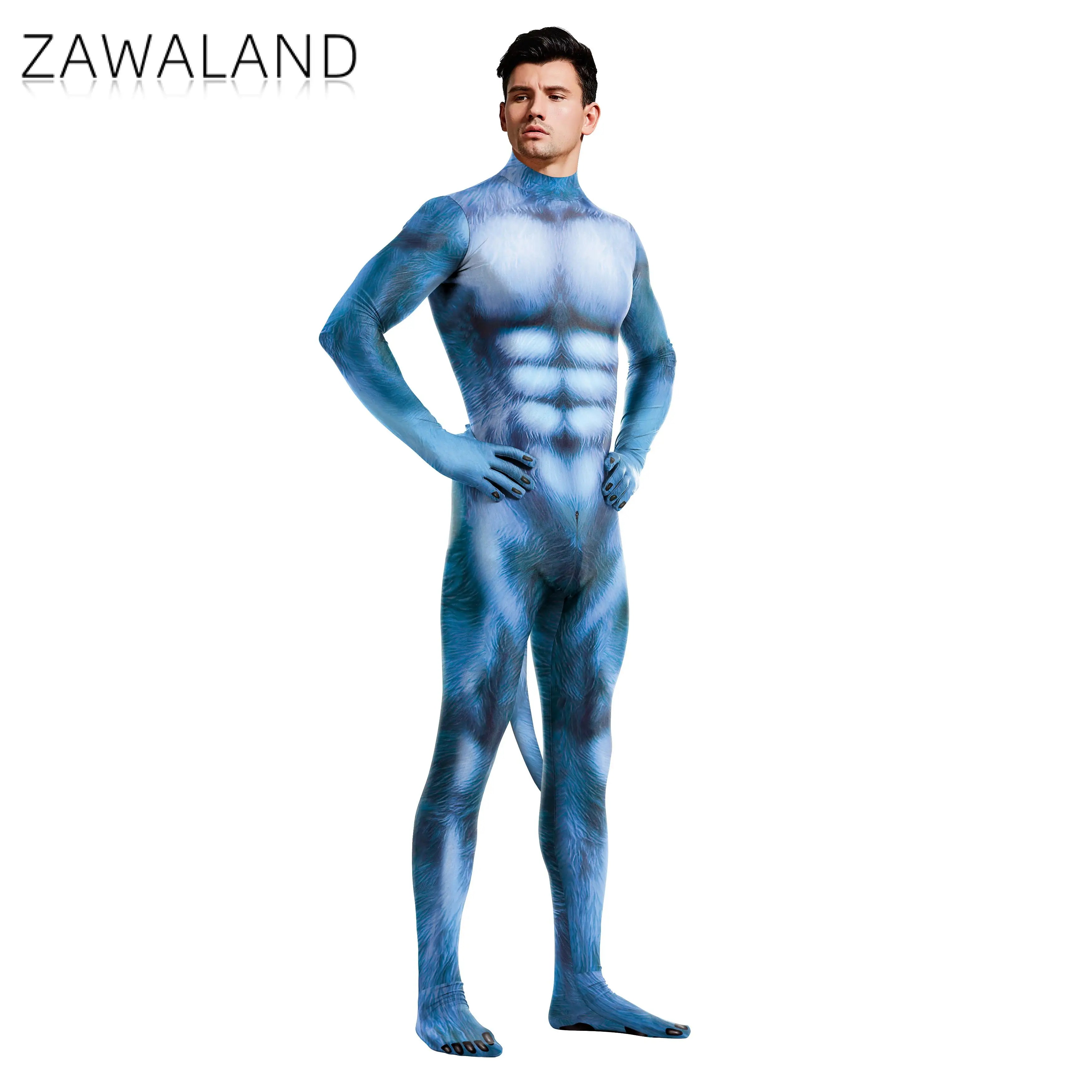 Zawaland Blue Furry Costumes Men Halloween Clothes with Tail Crotch Zipper Zentai Suit Funny Couple Party Outfit Carnival Wear