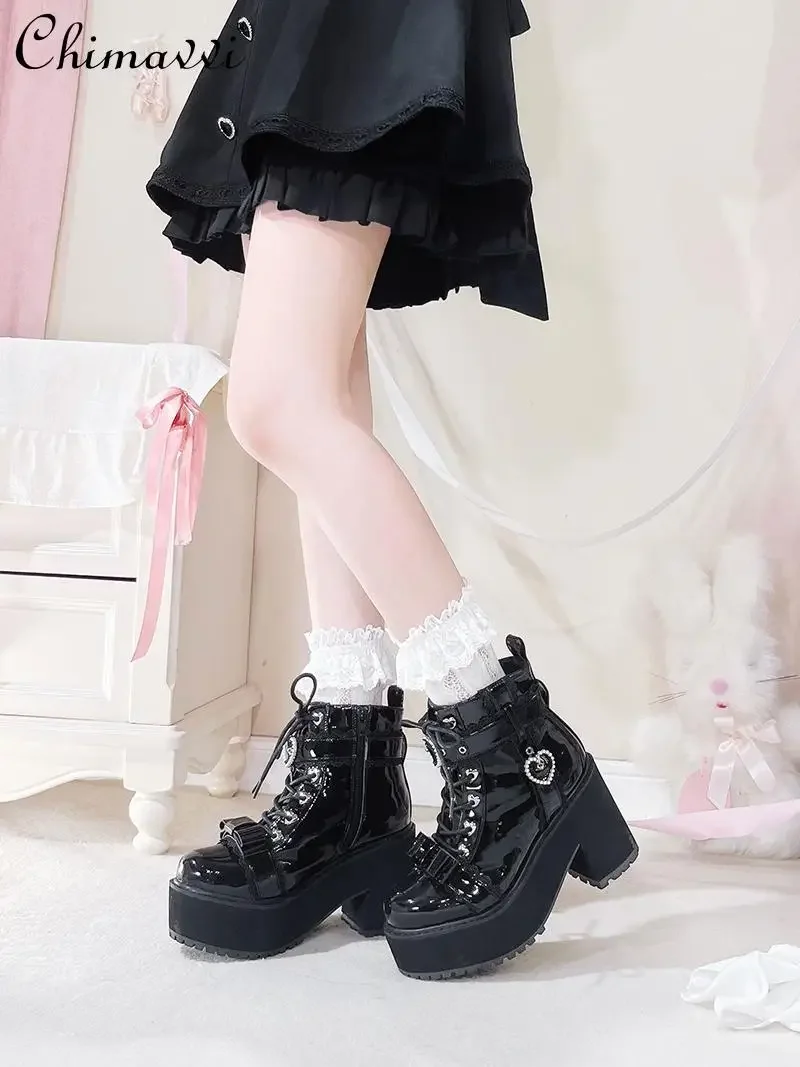 Japanese Mine Lolita Short Boots for Women Mass Production Love Rhinestone Buckle Bow Round Head Platform Boots Sweet Shoes