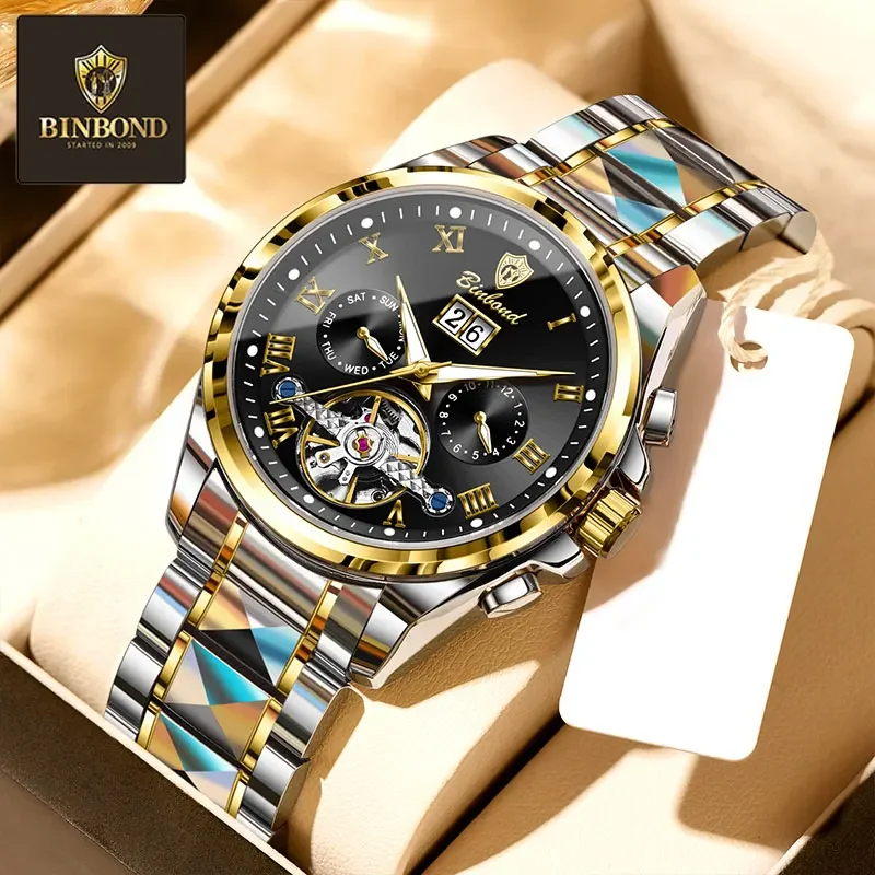 

BINBOND Топ Роскошные Автоматические Механические Мужские Часы Дата Водонепроницаемые Наручные Часы Полый Турбийон Мужские Часы Из Нержавеющей Стали