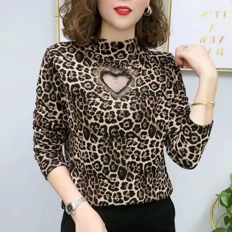 Women's Half High Collar Printed Long Sleeve T-shirt Autumn Winter New Female Clothing Hollow Out Korean Leopard Diamonds Tops