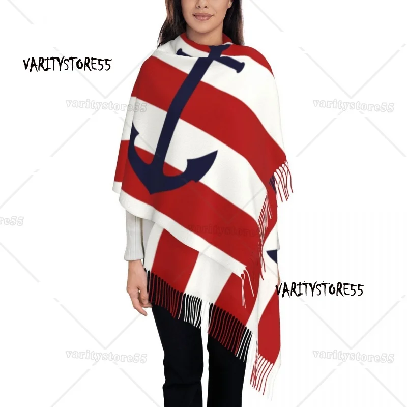 

Female Large Nautical Navy Blue Anchor On Red Stripes Scarves Women Winter Fall Soft Warm Tassel Shawl Wrap Sailing Sailor Scarf