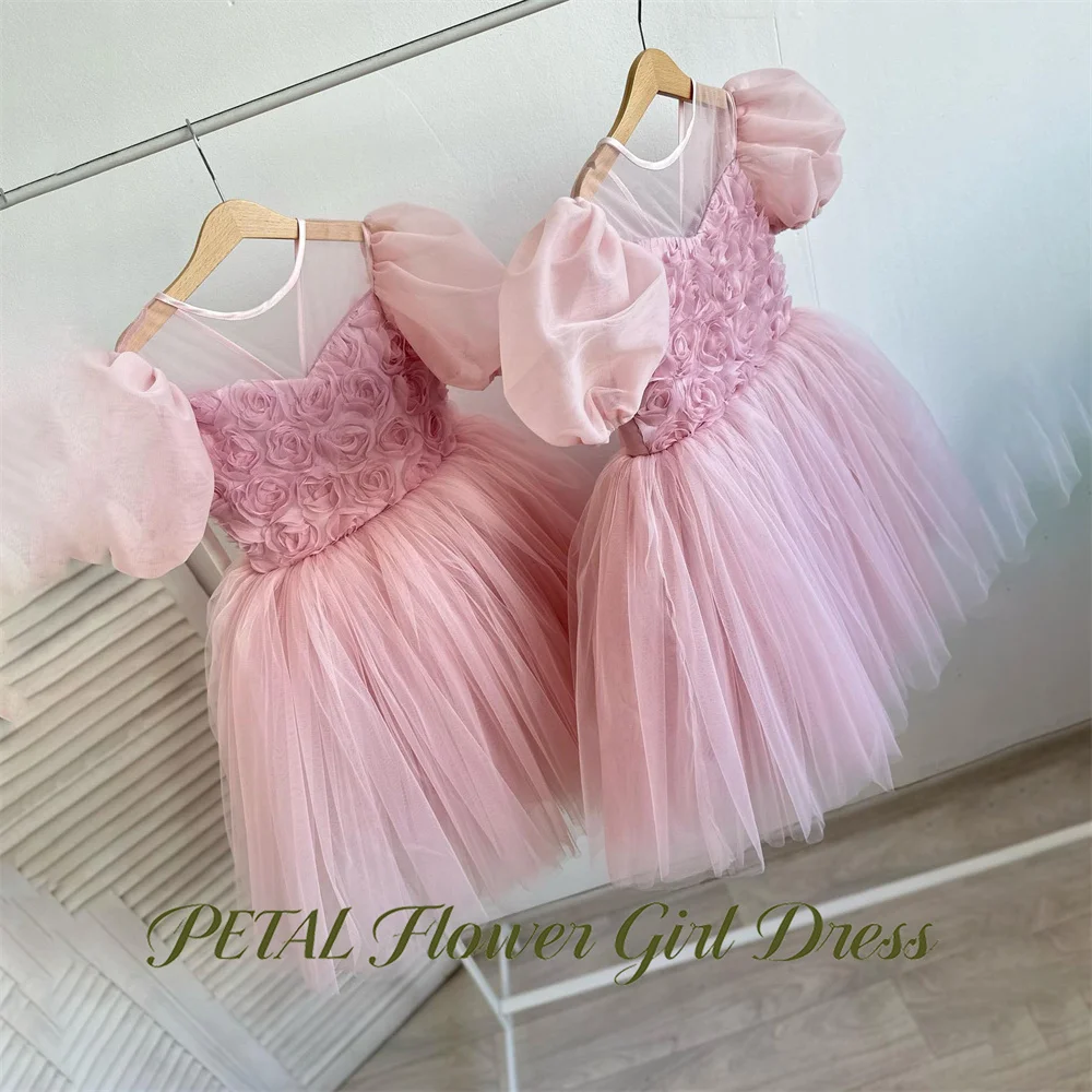 Petal Light Pink Princess Girls Dress with 3D Flowers Round Neck Short Sleeve Ball Gown Party Dress Fluffy Tutu A Line Prom Gown