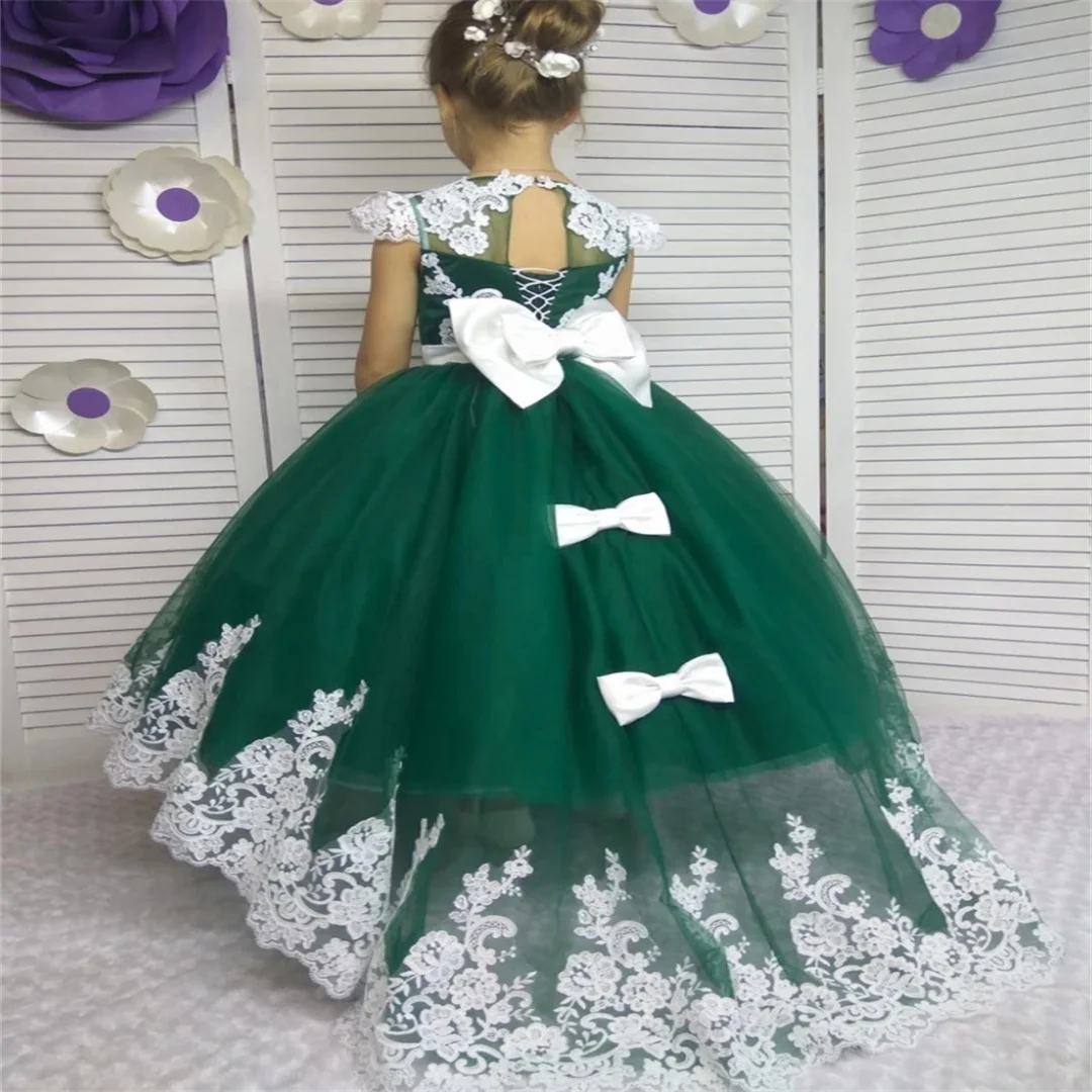 

Customized Green Flower Girl Dress White Floral Appliques With Bow Short Sleeve For Wedding Birthday Prom Banquet Princess Gown