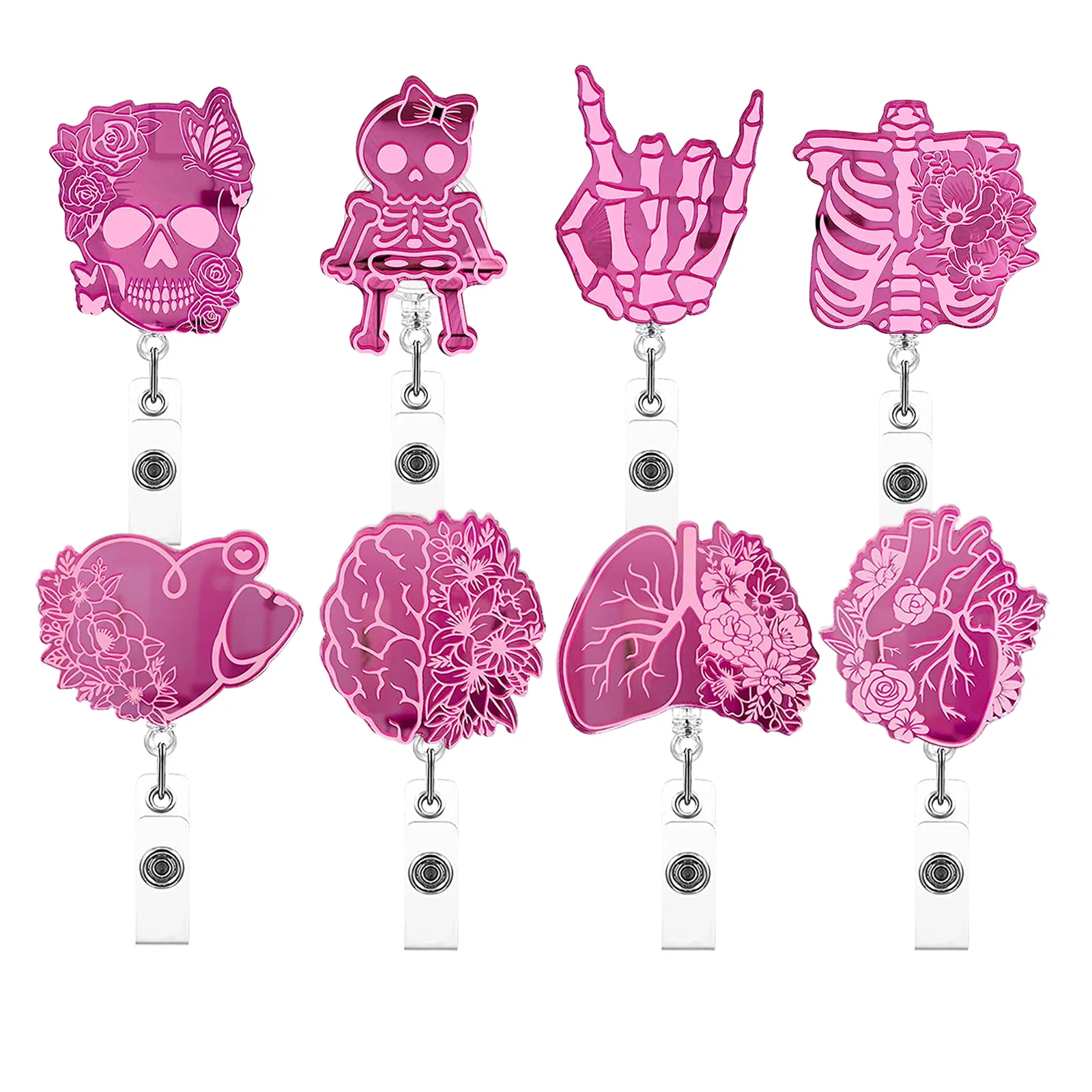 Hot Sales 1 Piece Pink Halloween Style Ghost Fingers Love Heart Lung Retractable Nurse Badge Reel ID Card Holder Lanyard