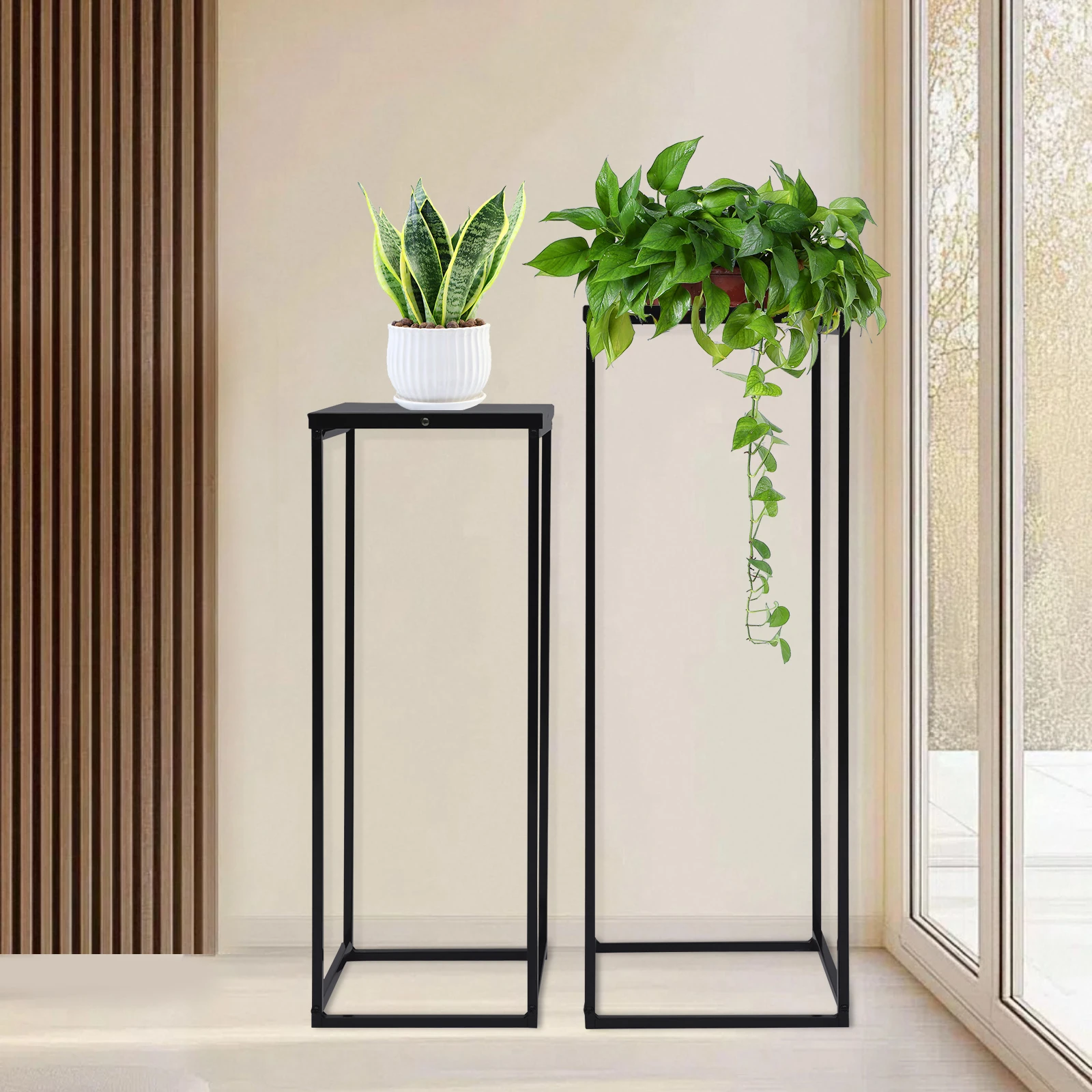 2PCS 2-Tier Metal Plant Shelf Stand, Heavy Duty Flower Pot Holder Rack, Space-Saving Corner Display Table for Indoor Outdoor Home Garden Patio Balcony, Rustproof Easy Assembly 22x22x60cm & 25x25x70cm