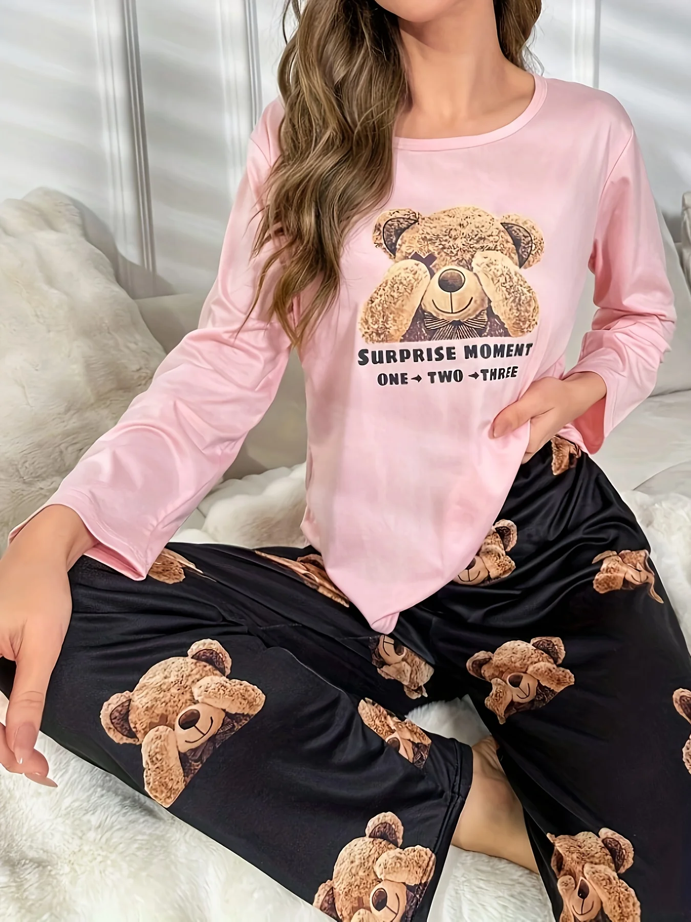 Ladies\' Bear print casual pajama set with long sleeve crew-neck top and pants