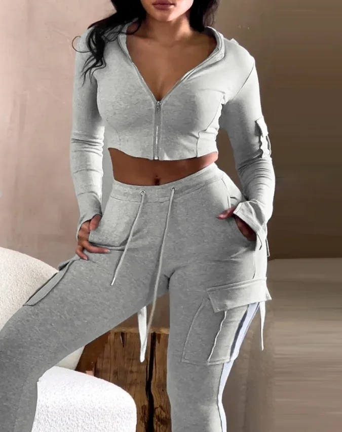 Zipper Design with Exposed Navel Hooded Sweatshirt and Drawstring V-Shaped Waistline Work Pants, Sports Pants Long Pants Set - Image 2