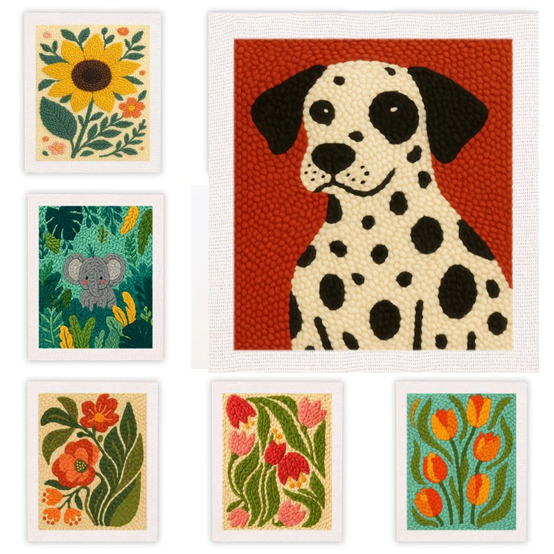 

25x30cm Flowers Dog Pattern Punch Needle Kit with Frame Punch Needle Embroidery Kits for Adults Beginner Yarns and Sewing Sets