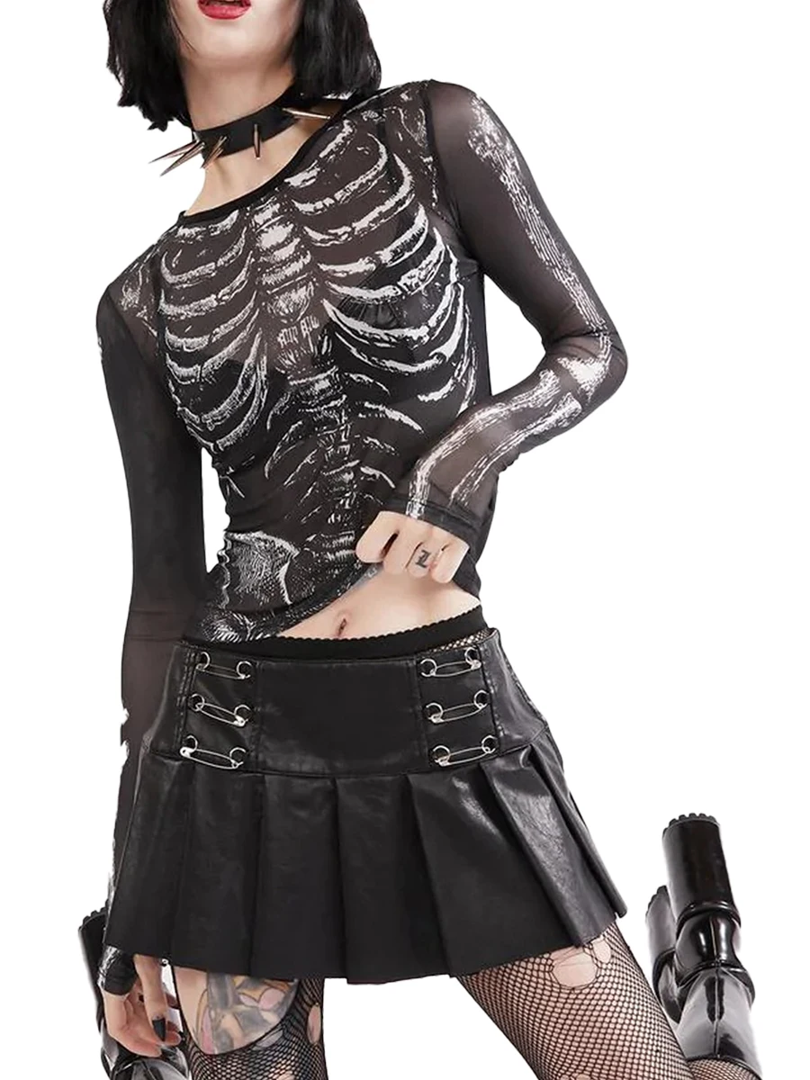 Women s Sheer Crop Tops y2k Gothic Long Sleeve See Through Spider Skull Print Mesh Top Sexy Halloween Shirts