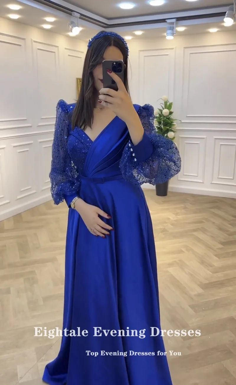 Eightale Royal Blue Evening Dresses Puffy Sleeves Sweetheart Glitter Customized V-Neck Satin Prom Party Gown vestido de fiesta