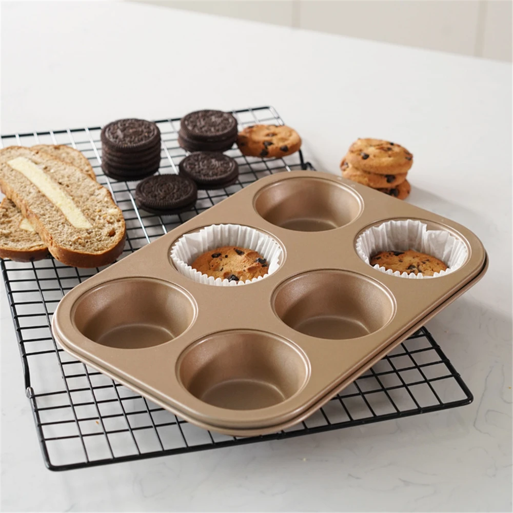 

6 Well Non-stick Champagne Gold Round Muffin Cup Baking Tray Cake Mold Baking Oven Plate DIY Bakeware