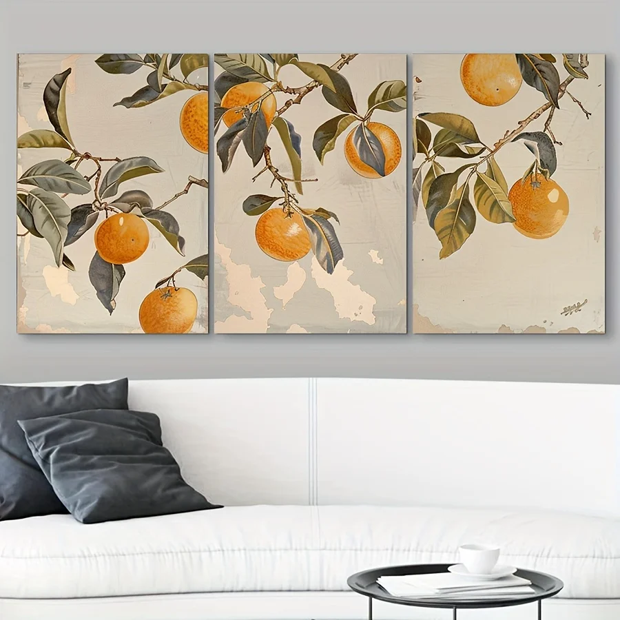 Frameless 3 Piece Vintage Orange Fruit Canvas Wall Art Retro Citrus Tree Branch Wall Decor for Living Room