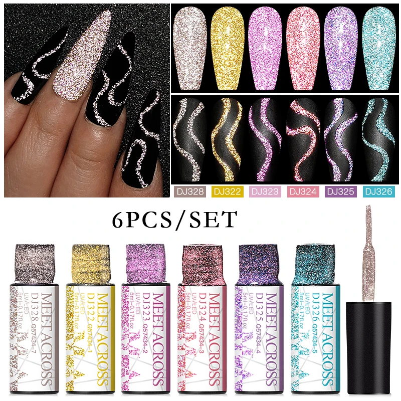 MEET ACROSS 6 stks/set Reflecterende Glitter Lijn Gel Nagellak Metallic Spiegel Nail Art Liner UV Gel DIY Schilderij Tekening Vernis