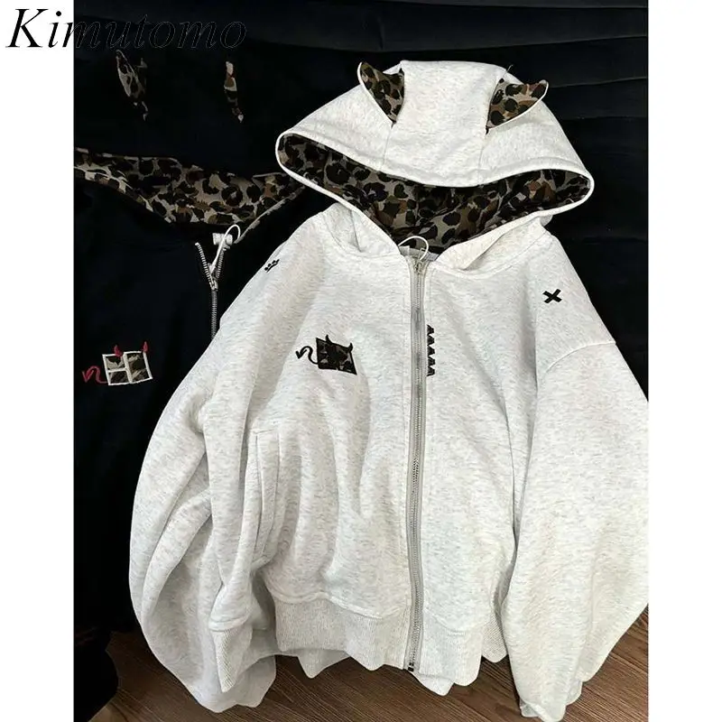 

Kimutomo Jackets Women Cartoon Patchwork Hooded Loose Outwear Zipper Loose Y2k Aesthetic Grunge Cute Harajuku Coats Autumn