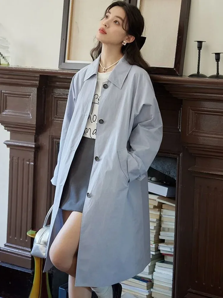 韓国ファッションミッドレングストレンチアウターウェア女性カジュアルラペルネックシングルブレストガバルディナコート春秋ルーズジャケット