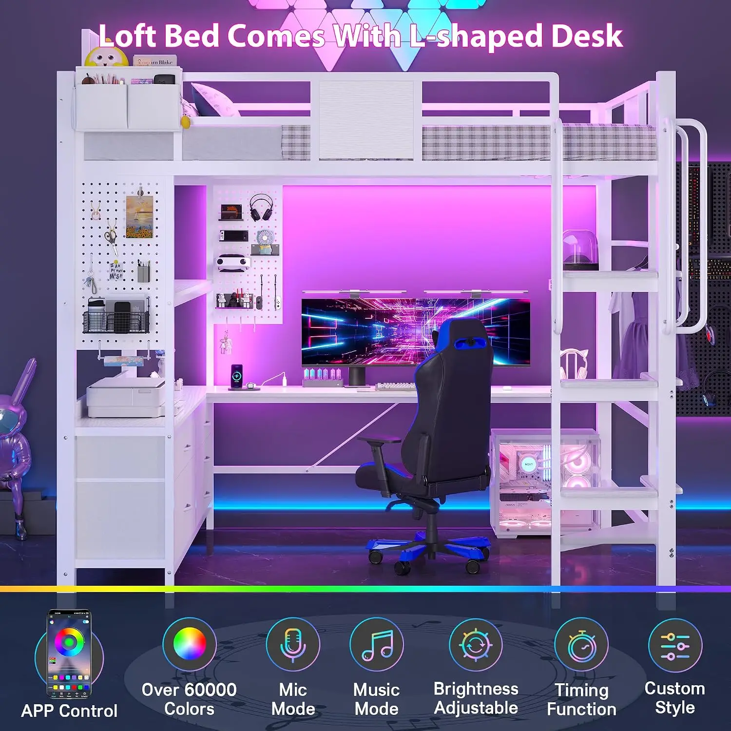 Dnxao Full Size Loft Bed with Desk and 5 Storage Drawers, White | Heavy Duty Metal Full Loft Bed with Charging Station, LED Ligh