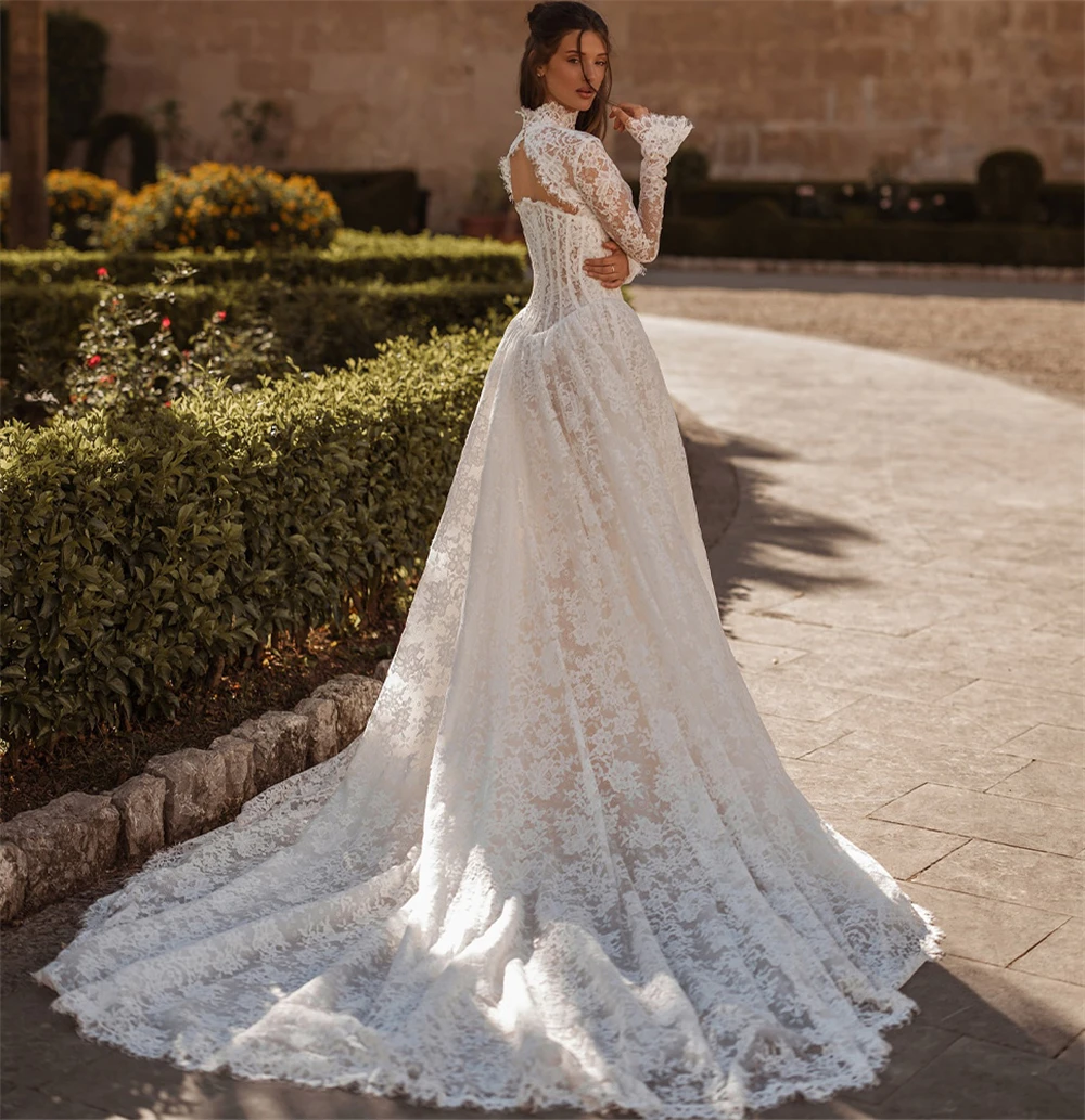 Customized Elegant White Lace Wedding Dress Formal O-Neck Long Sleeves Robe de mariée Dreamy A-Line Court Train Vestido De Novia