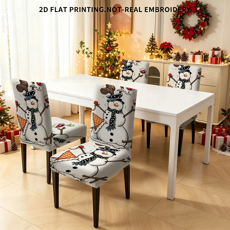 2/4/6 PCS Funky Snowman Print Elastic Dining Chair Covers, Playful 2D Flat Printed Christmas Holiday Decoration Chair Covers