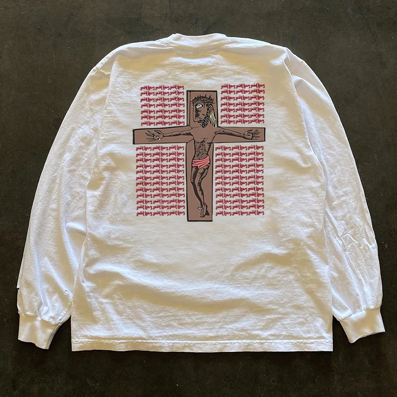 Heavyweight 300g Pure Cotton Long Sleeve T-Shirt Cross Motif High Street Hip Hop Unisex Versatile Couple Matching Tee