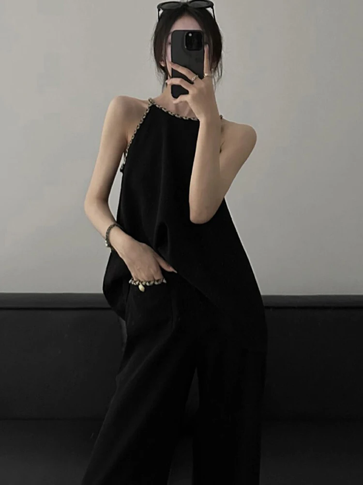 

SONNEESD Summer New Vintage O-Neck Chain Design Sleeveless Leisure Tank Tops Harajuku Retro Fashion Loose Profile Black Vest