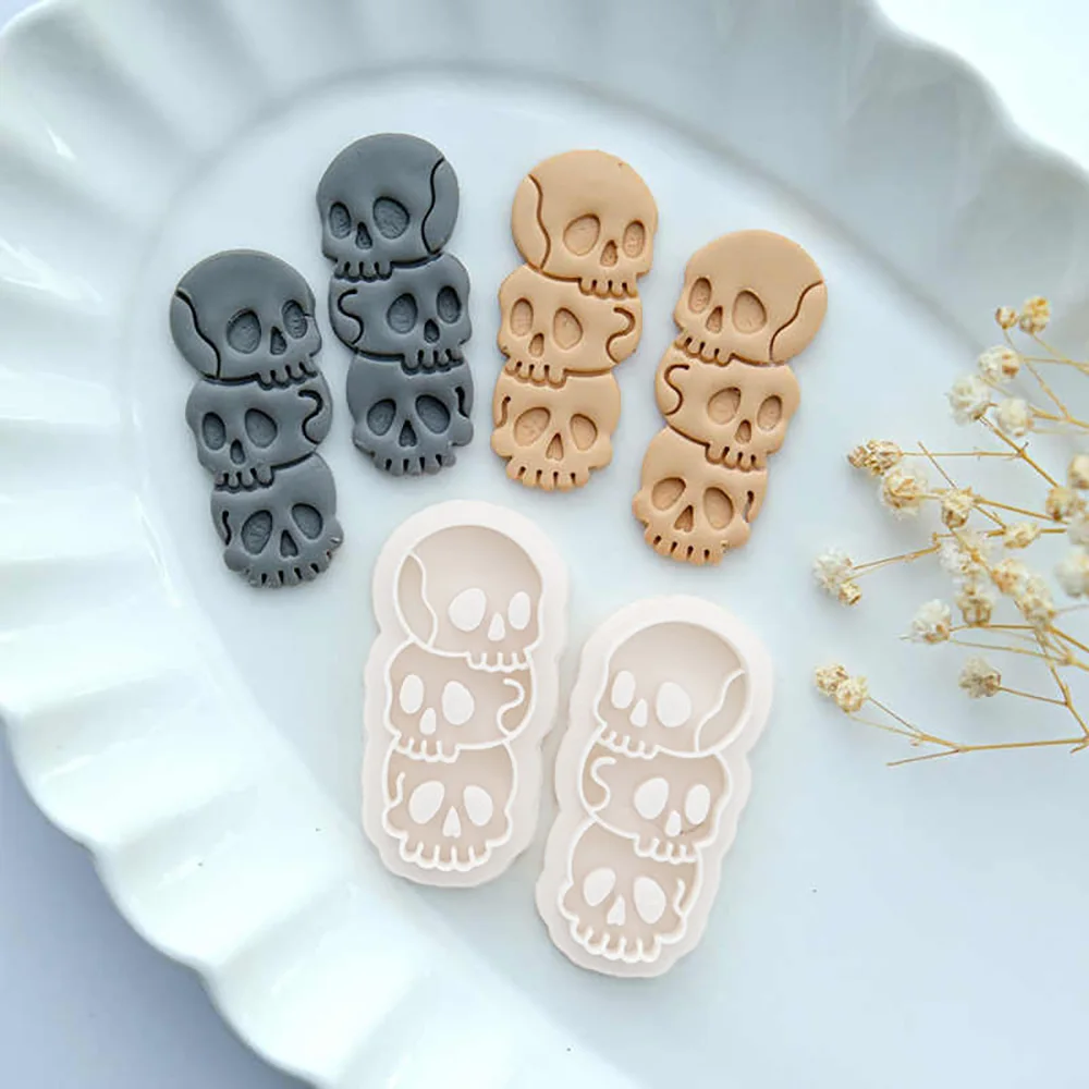 2pcs Halloween Series Skull Stack Embossed Polymer Cutters Earring Jewelry Pendant Soft Potter Clay Making Tools