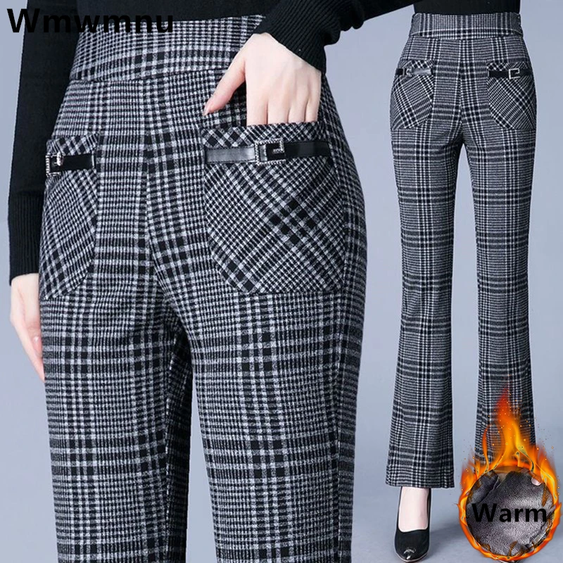 

Winter Thicken Plaid Plush Velvet Lined Flare Pants Office Warm Women Slim Pantalones High Waist Elegant Big Size 4xl Trousers