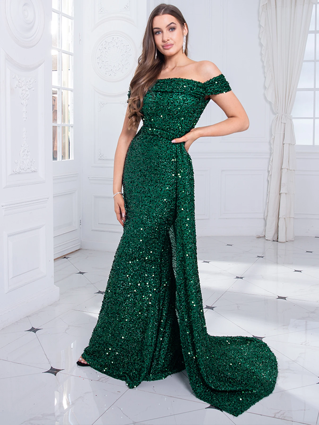 Off Shoulder Ruched Sequined Elegant Prom Gown Sleeveless Navy Green Evening Dress Floor Length