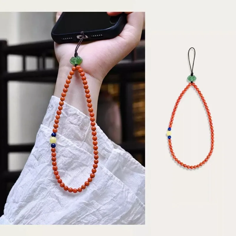 Handmade South Red Agate Rice Beads Hetian Jade Phone Strap Anti Loss Keychain Wristlet Light Luxury Chinese Style Accessory