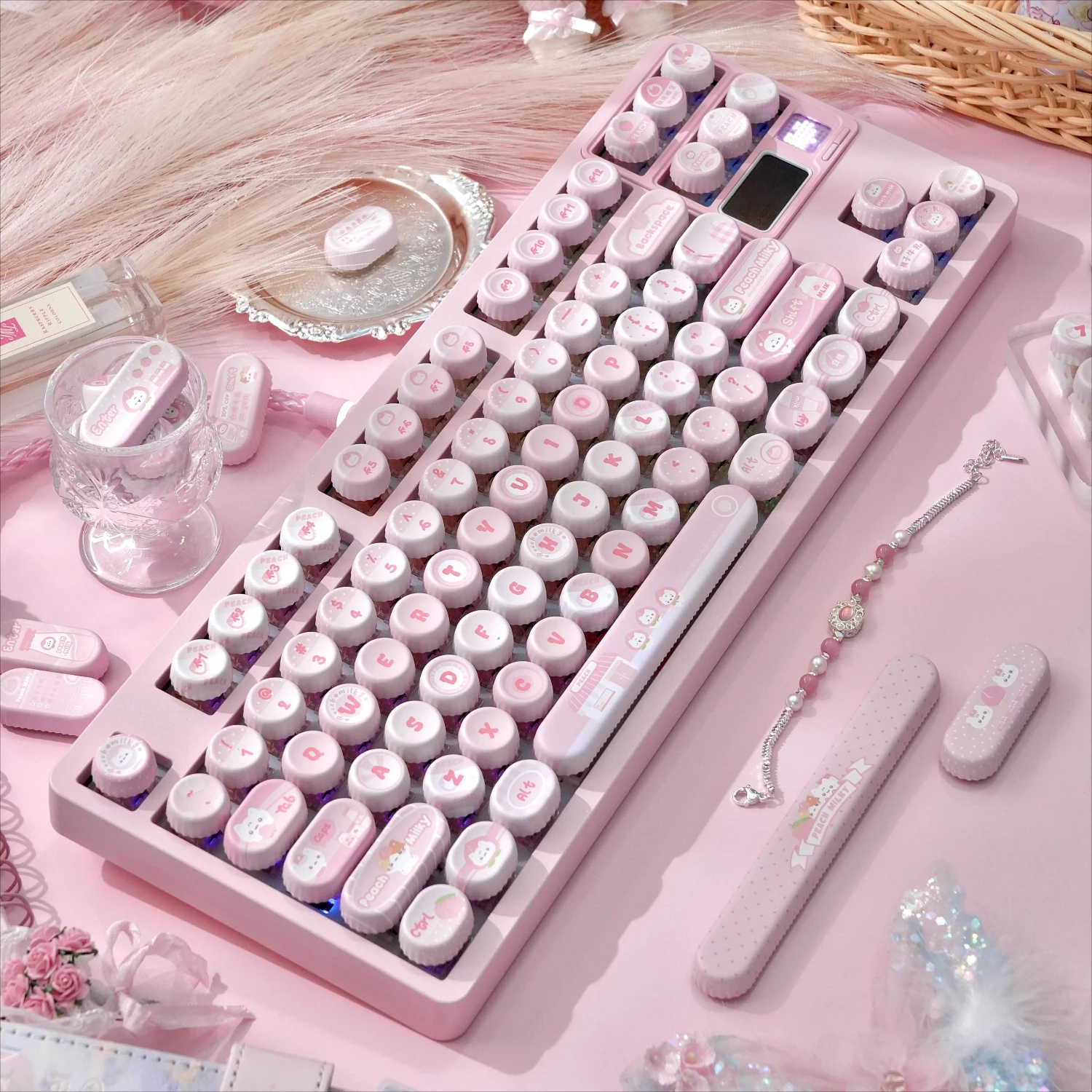 

Набор колпачков для клавиш White Peach Milk, розовый профиль NOG, круглая молочная крышка в форме PBT, индивидуальные колпачки для механической клавиатуры, подарки для девочек