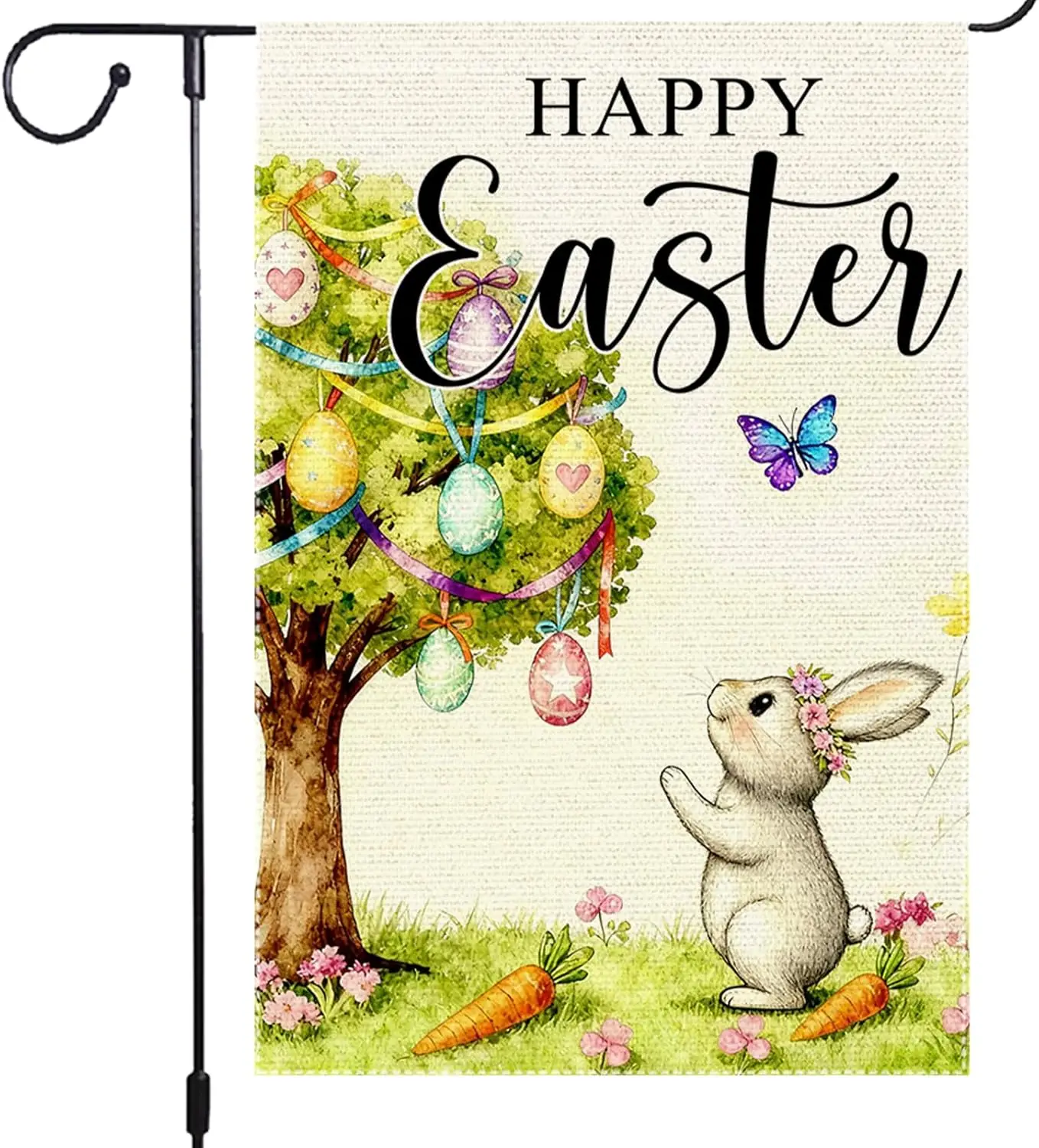 Happy Easter Garden Flag 12x18 Inch Double Sided Burlap Easter Watercolor Egg Tree Bunny Carrots Butterfly Outdoor Decor for zzo