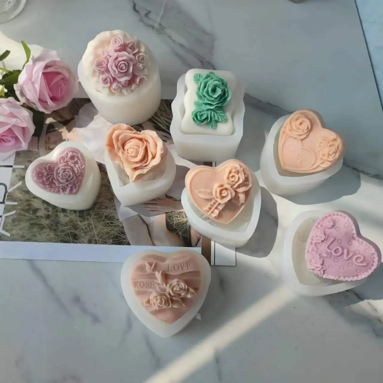 Stampo per sapone fiore rosa candela stampo in Silicone amore a forma di cuore stampo per torta di fiori che fa strumenti di cottura per aromaterapia