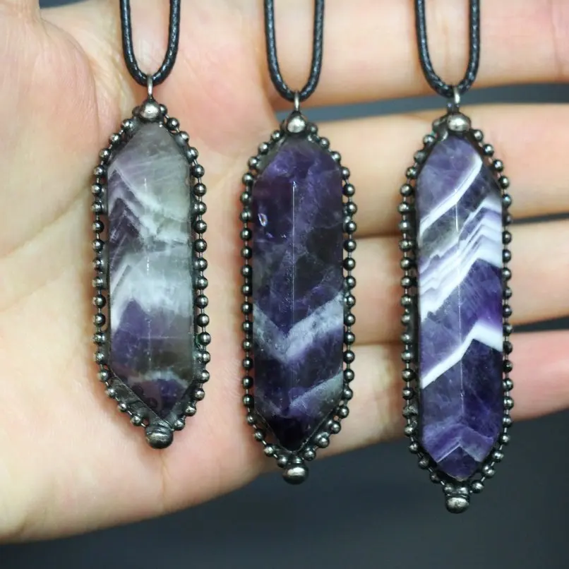 1Pcs Double Terminated Hexagon Irregular Point Soldered Necklace Leather Rope Dog Tooth Amethyst Jewelry
