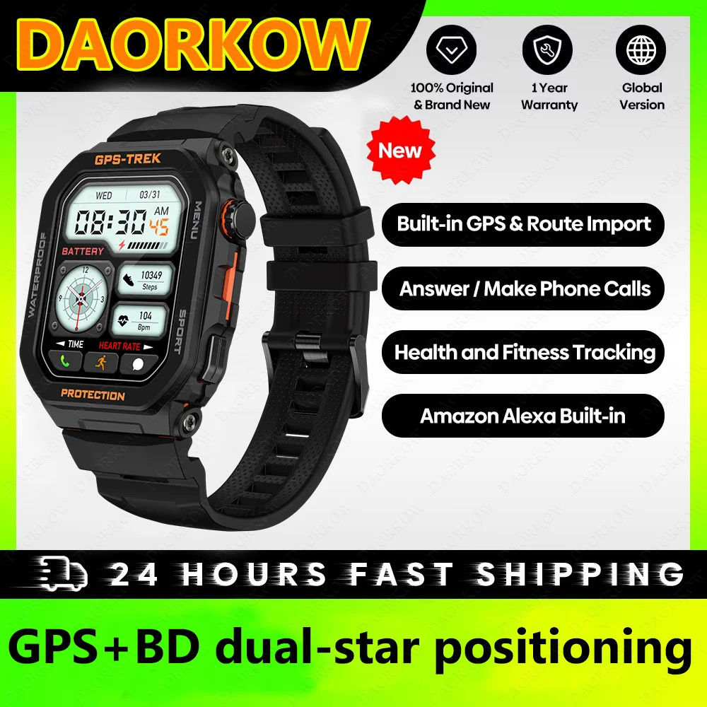 

DAORKOW men's outdoor sports smartwatch, Bluetooth call, GPS fitness tracker, AI voice assistant, suitable as a gift for friends