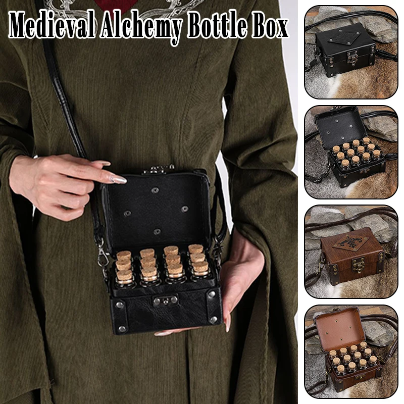 12pcs Renaissance Medieval Wizard Alchemy Glass Magic Bottles Cork Bottle+PU Leather Messenger Bag Witch Halloween Cosplay Props