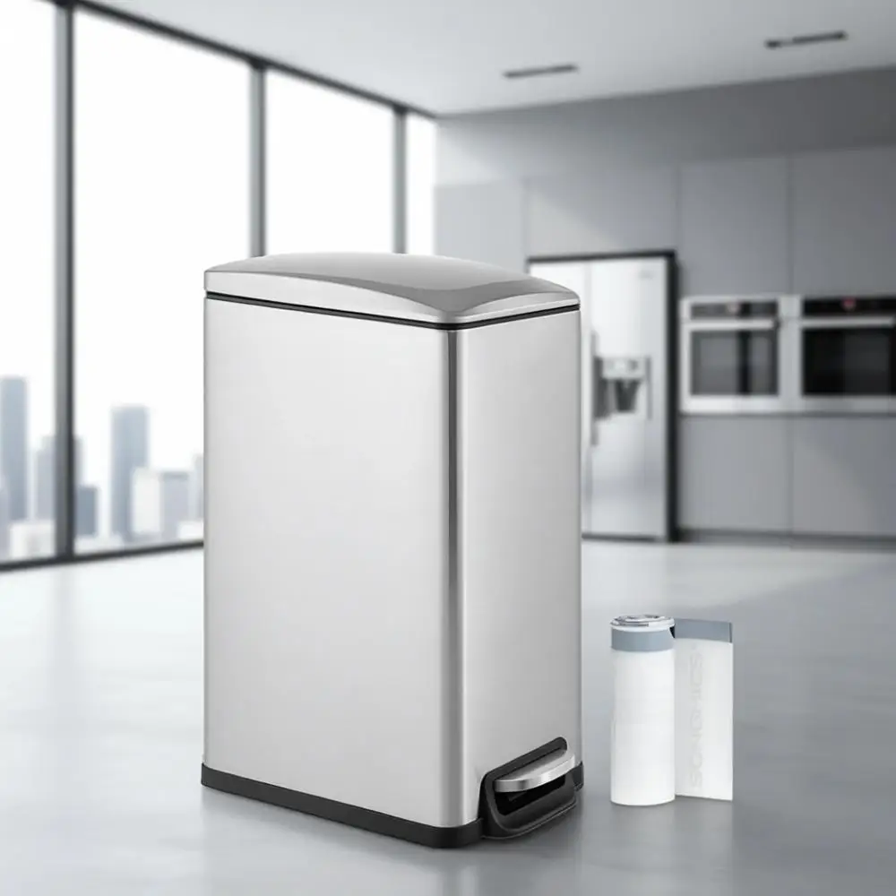 13-Gallon Slim Trash Can with Step-on Pedal, Stainless Steel, 50L, Silver, Includes 15 Bags