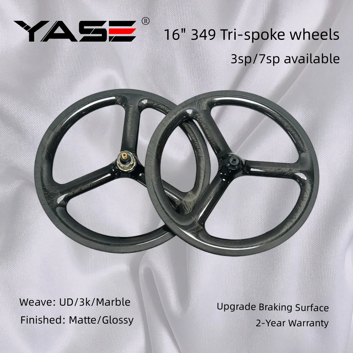 

Tri Spoke Folding Bike Wheels 16 Inch 349 Carbon 3-Spoke Wheels Clincher Rim Brake with Braking Surface Carbon Wheels 74/112mm