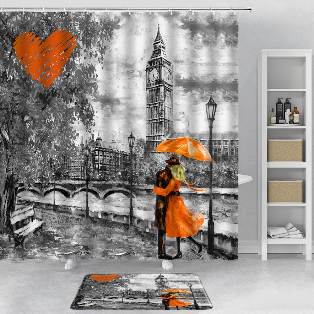 Vintage Paris Scenery Shower Curtain Set Romantic Lovers Big Ben Park Oil Painting Bathroom Decor Carpet Non-Slip Rug Bath Mats